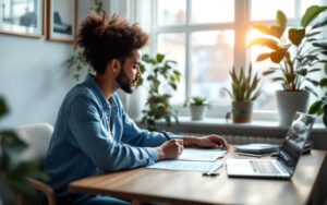 un-locataire-signe-un-bail-a-une-table-dappartement-lumineuse-on-distingue-le-contrat-pose-devant-lui-un-stylo-des-cles-et-un-ordinateur-portable-des-plantes-en-pot-pres-dune-grande-fenetre-e