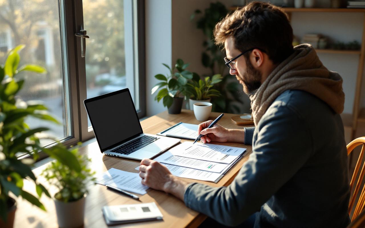 Propriétaire examinant un contrat de location assis à un bureau en bois dans un bureau à domicile accueillant, papiers et ordinateur portable sur la table, lunettes et stylo à portée de main, tasse de café, lumière douce du matin, ambiance calme, tons bleus et verts.