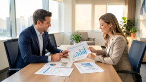 Un couple échange avec une conseillère bancaire autour de documents de financement immobilier et de graphiques de taux abstraits.