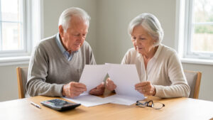 Un couple de retraités, un homme et une femme, examine des documents vierges et un budget sur une table lumineuse, dans une ambiance sobre et réaliste.
