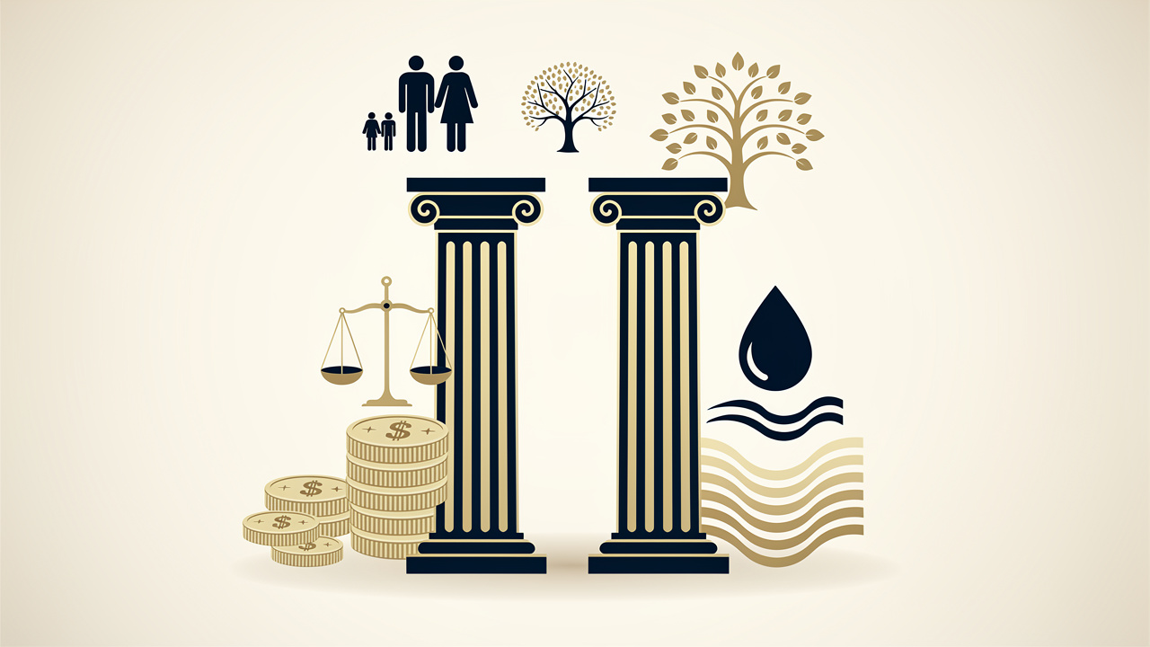 Illustration financière premium présentant deux colonnes symbolisant deux solutions d’épargne, accompagnées d’icônes représentant la fiscalité, la liquidité et la transmission, dans une palette sobre bleu nuit, ivoire et doré.