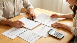 Un homme et une femme examinent ensemble un dossier de prêt immobilier, des relevés bancaires et une calculatrice sur une table lumineuse.