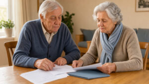 Un couple de retraités consulte ensemble des documents financiers vierges sur une table lumineuse, dans une ambiance sobre et réaliste.
