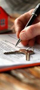 Signature d’un acte de vente immobilière sur un bureau, avec des documents officiels et un stylo.