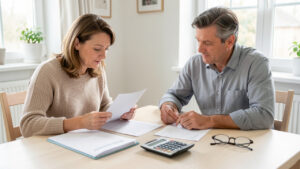 Un couple français examine des documents de remboursement santé, un dossier de mutuelle, une calculatrice et des lunettes sur une table claire.