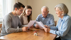 Un jeune couple examine des documents immobiliers vierges avec ses parents autour d’une table, tandis qu’un trousseau de clés de maison est posé au premier plan.
