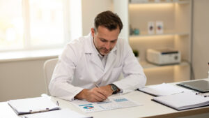 Médecin homme dans son cabinet lumineux consultant un tableau patrimonial abstrait entouré de documents financiers vierges.