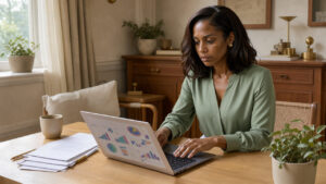 Une femme professionnelle analyse ses finances à un bureau lumineux, entourée de documents vierges et d’un ordinateur, dans un intérieur élégant aux tons chaleureux.